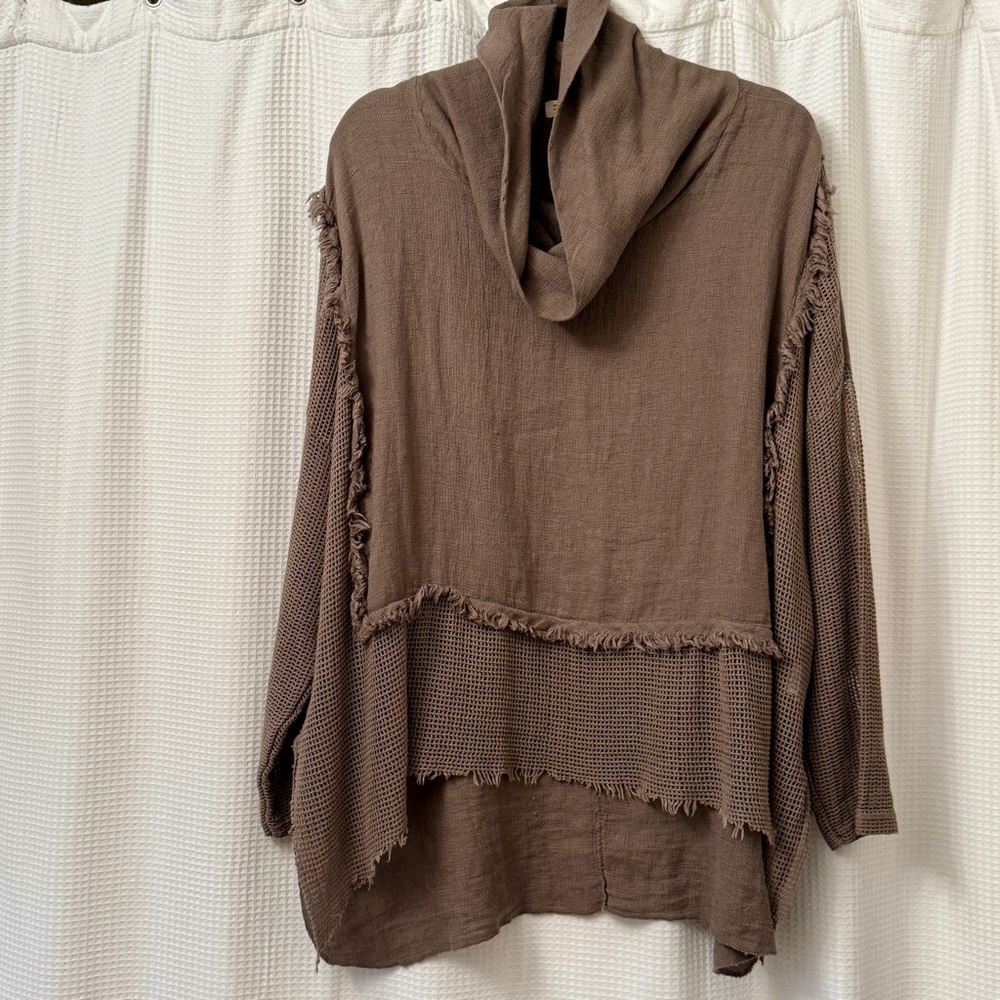 Women's Brown Hooded Tunic with Frayed Trim